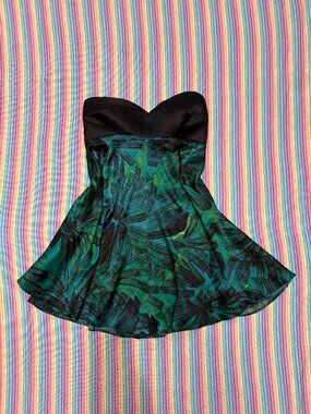 bebe Vintage 100% Silk Strapless Green Palm Print Mini Dress Tie Bow Size Small
